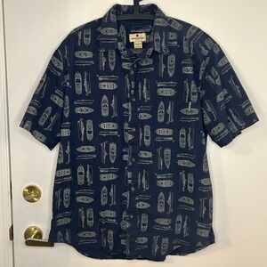 Woolrich Men’s Navy Short-Sleeve Button-Down with Light Blue Boat Print Size L